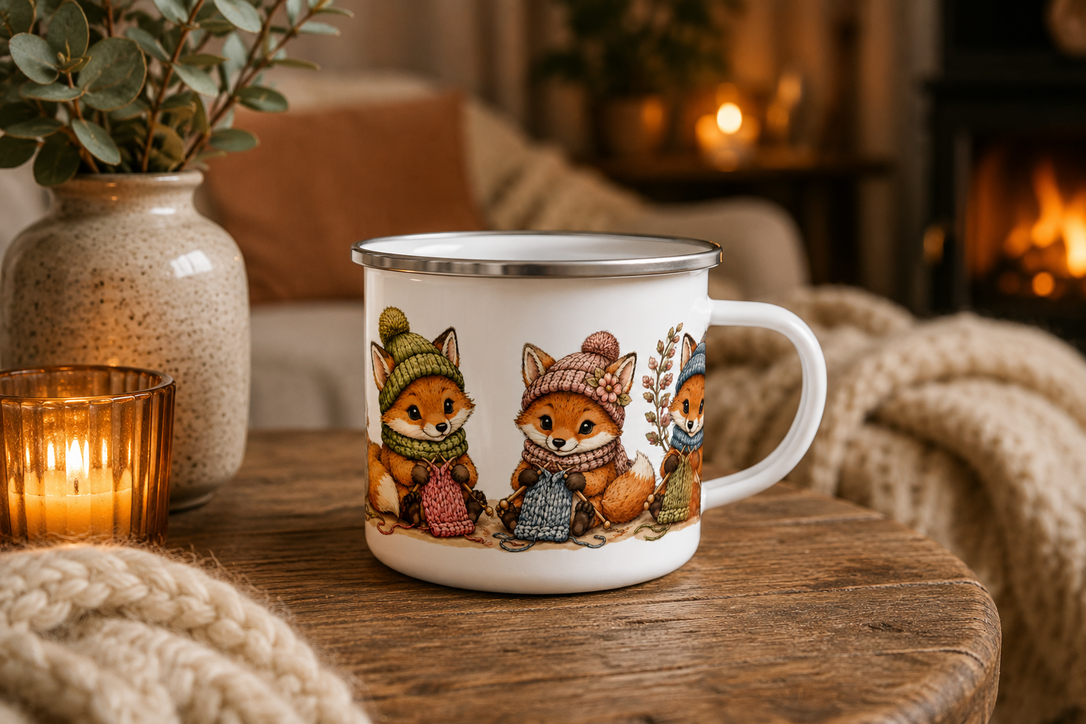 Knitting foxes Enamel mug