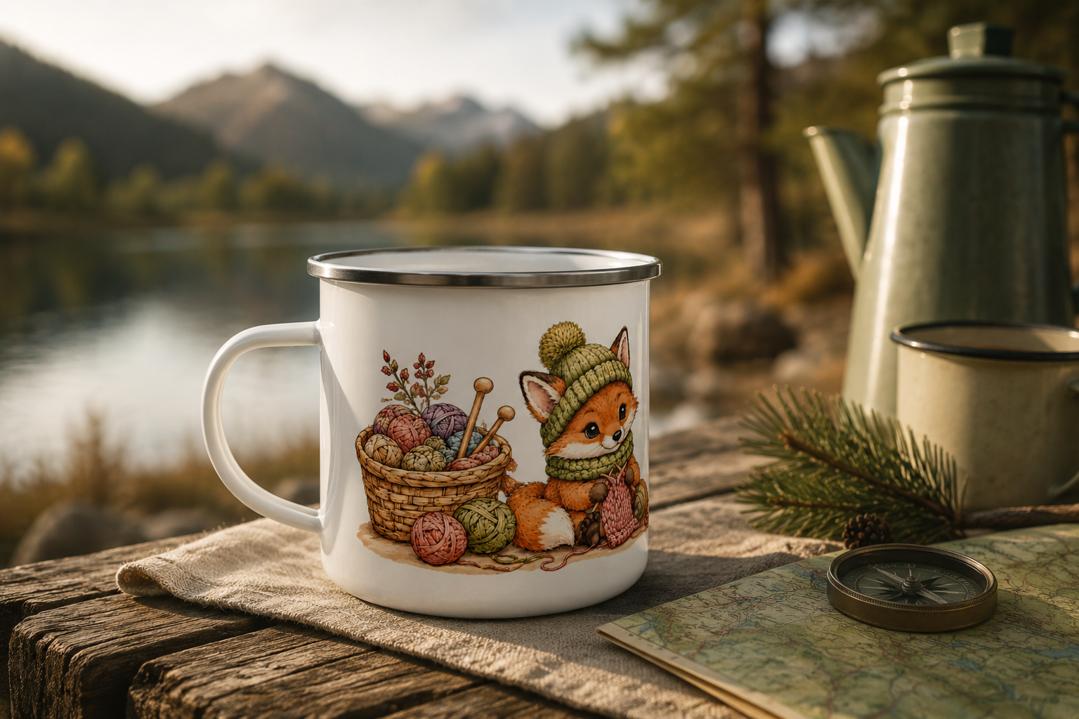 Knitting foxes Enamel mug