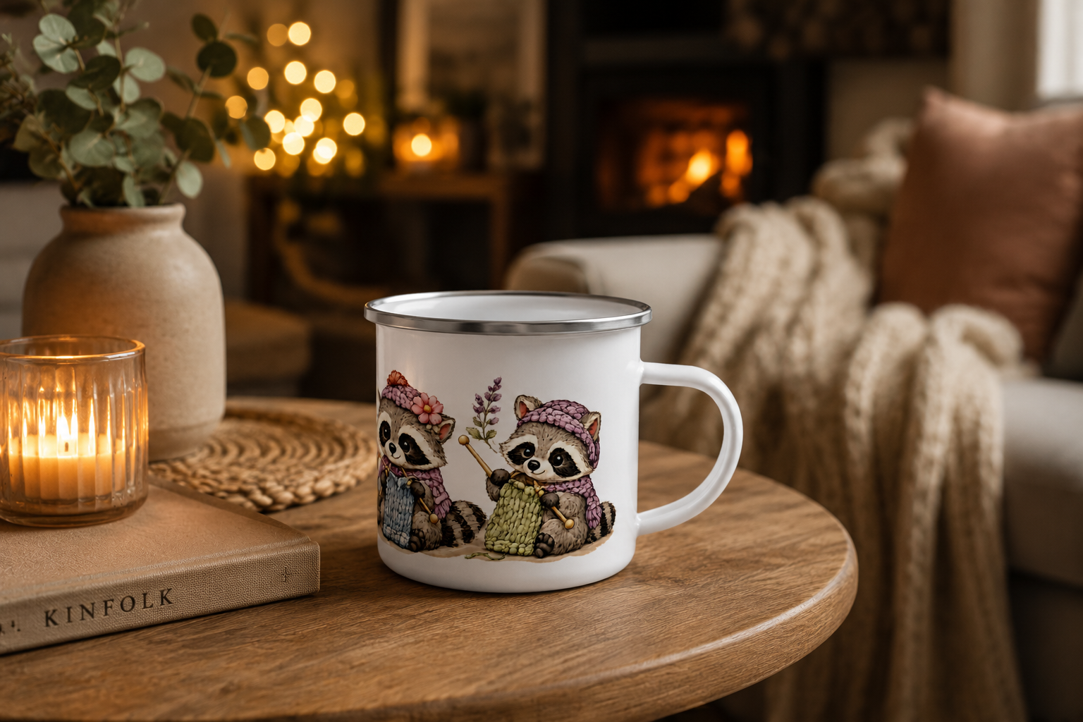 Knitting Racoons Enamel mug