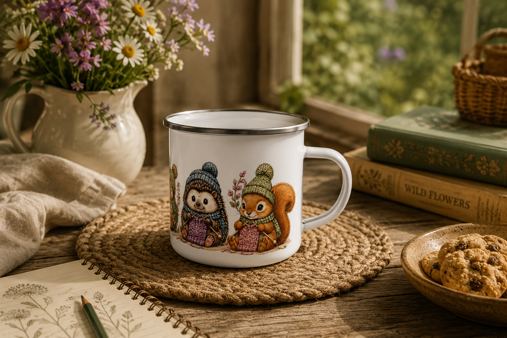 Knitting forest animals Enamel mug