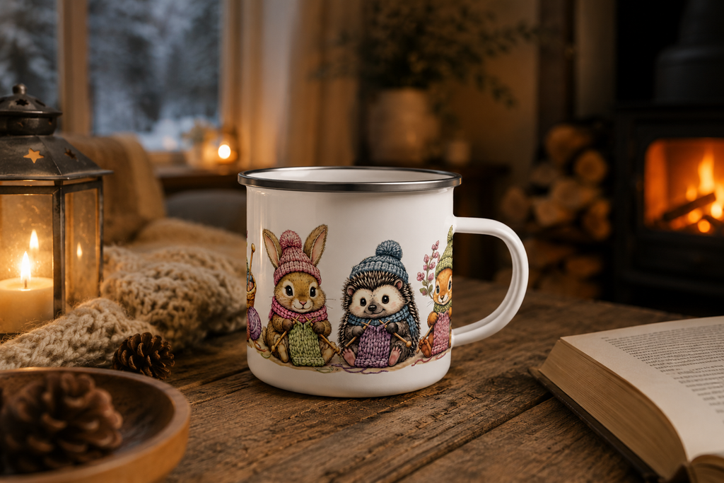 Knitting forest animals Enamel mug